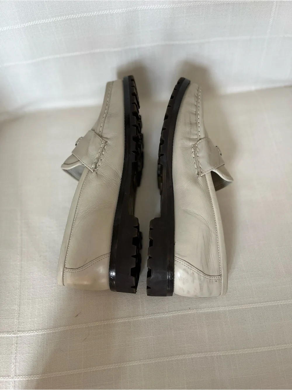 Cole Haan Cream Leather Penny Loafers with Gold Plaque